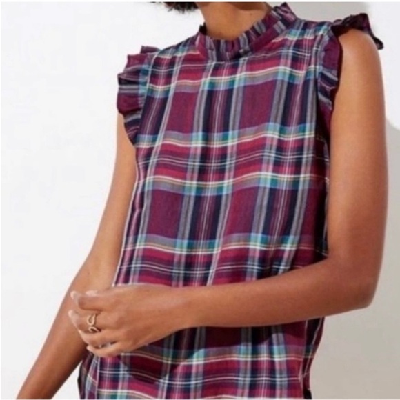 LOFT Marion Tartan Plaid Ruffle Mock Turtleneck Sleeveless‎ Shell Blouse Career - Picture 1 of 10